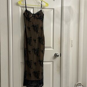 Meshki Sheer Black Embroidered Midi Slip Dress